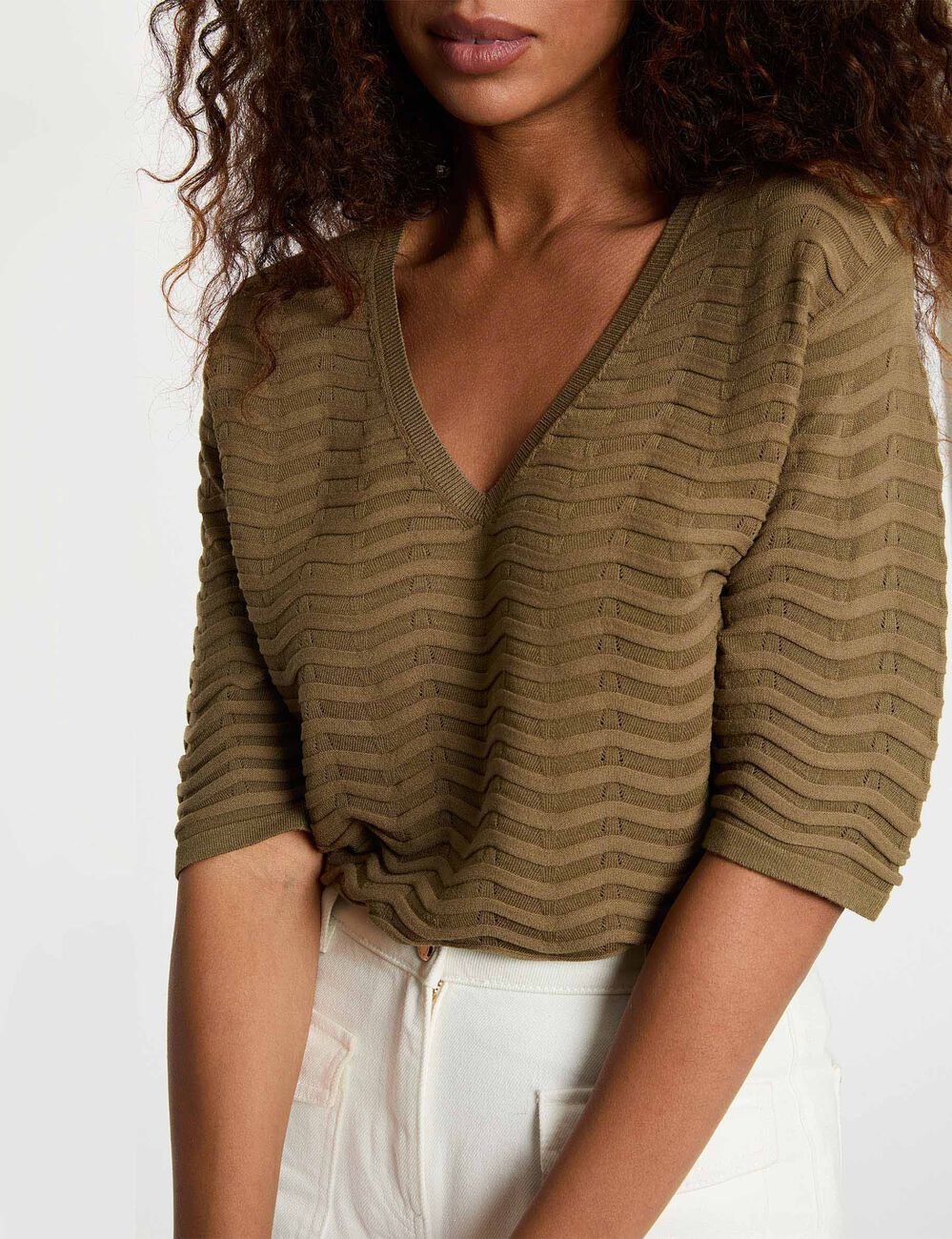 Pull col v manches 3/4 vert kaki femme