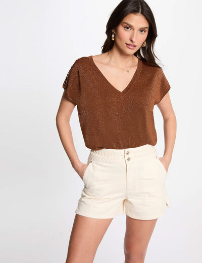 Kurzarm-Pullover mit V-Kragen cognacbraun damen