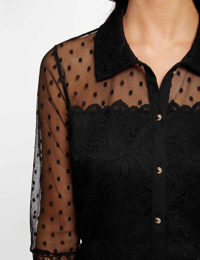 T-Shirt mit 3/4-Ärmeln und Plumetis schwarz damen