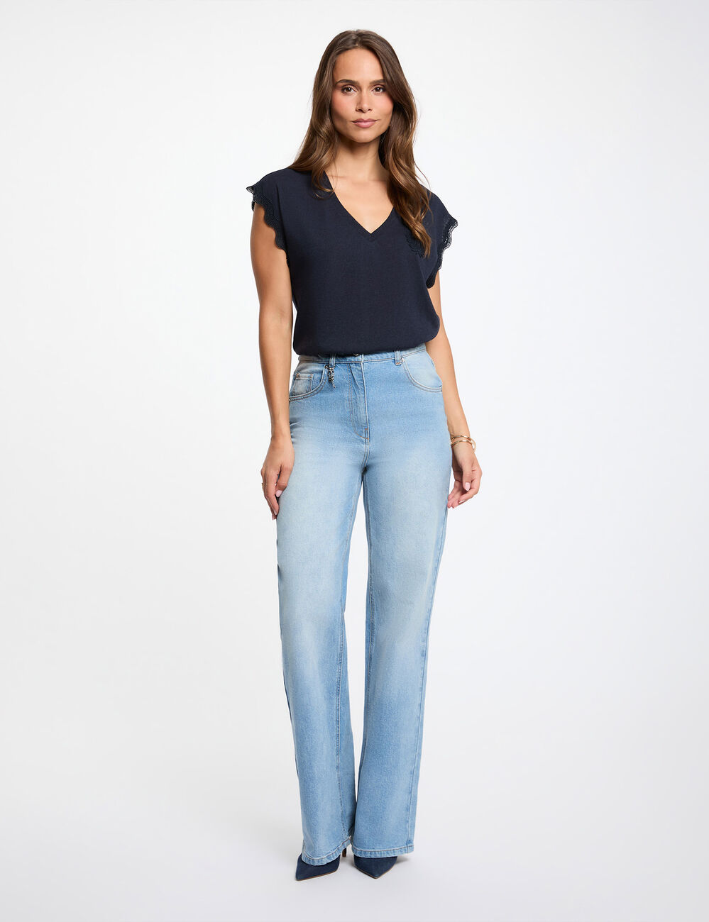 T-shirt col v manches courtes bleu marine femme