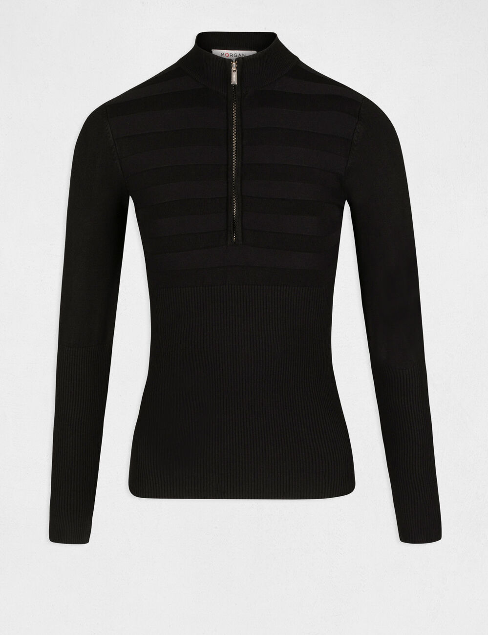 Pull manches longues col montant zipp&eacute; noir femme