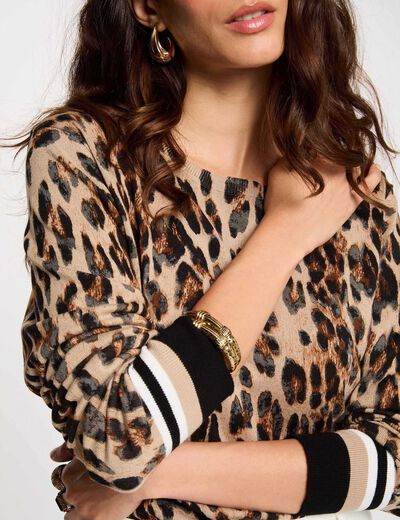 Pull col rond imprimé léopard multicolore femme