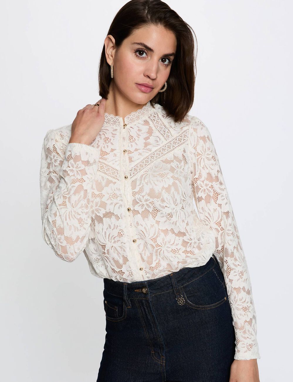 T-shirt dentelle col montant ivoire femme