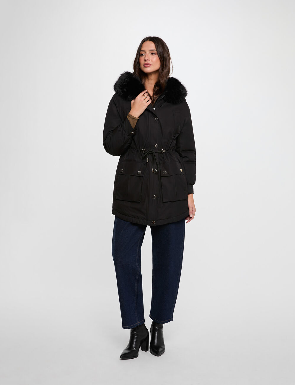 Parka mit Fellkragen schwarz damen