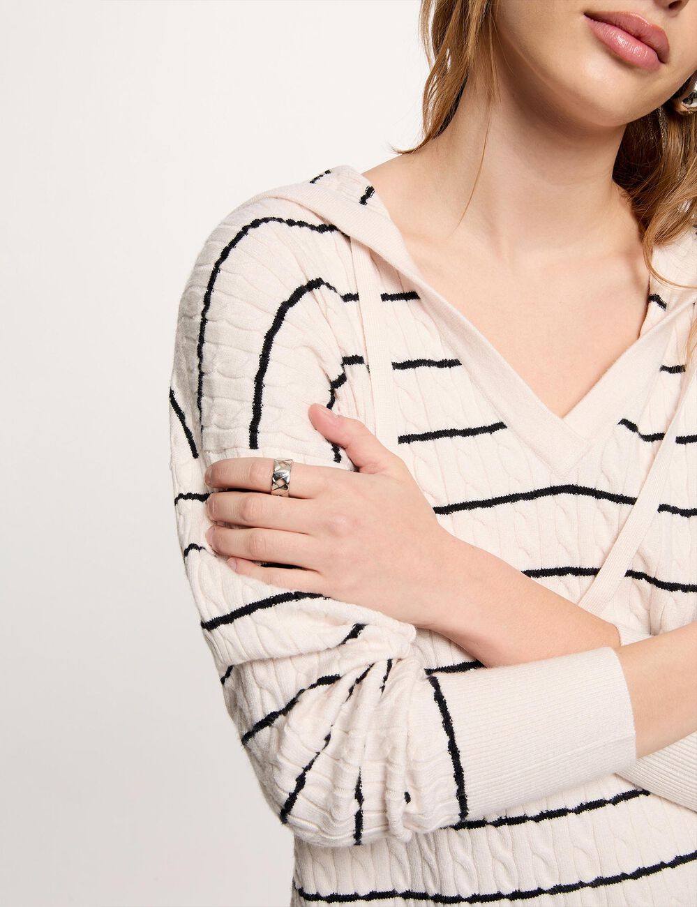 Pull capuche ray&eacute; blanc femme