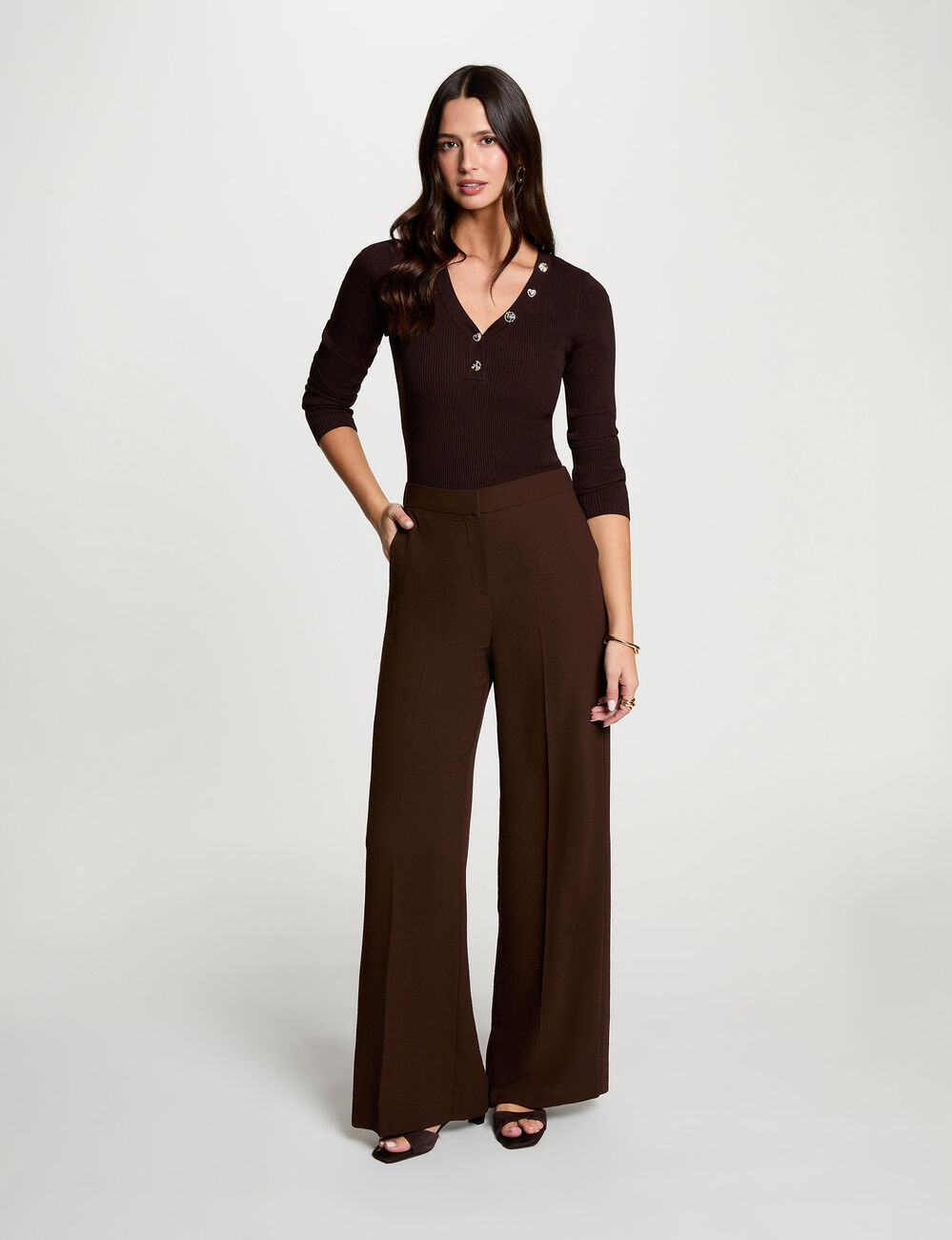 Pantalon large fluide marron fonc&eacute; femme