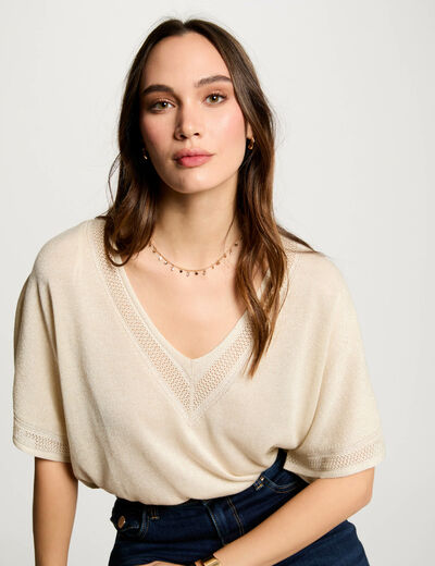Kurzarm-Pullover mit V-Kragen elfenbein damen