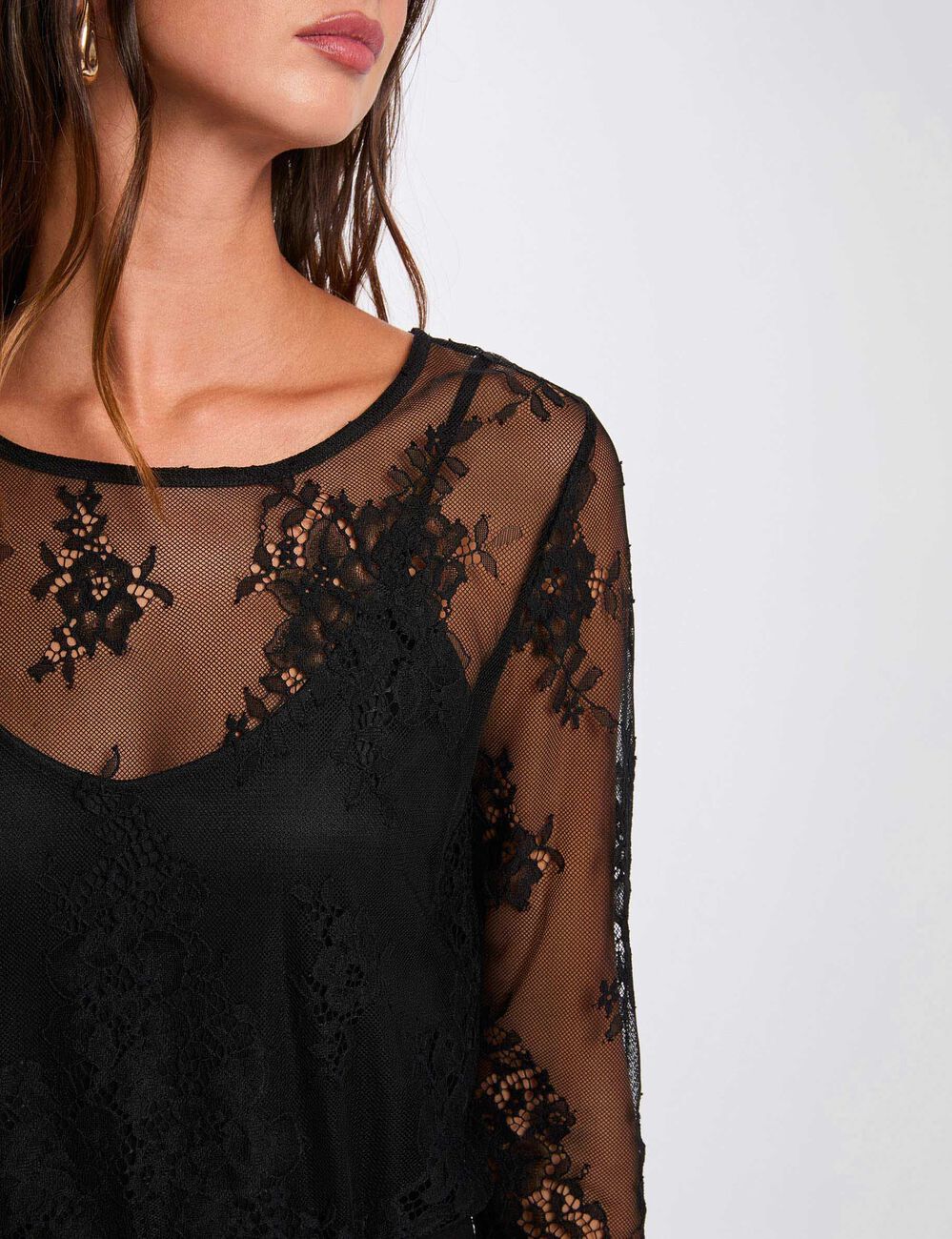 T-Shirt aus Spitze mit langen &Auml;rmeln schwarz damen