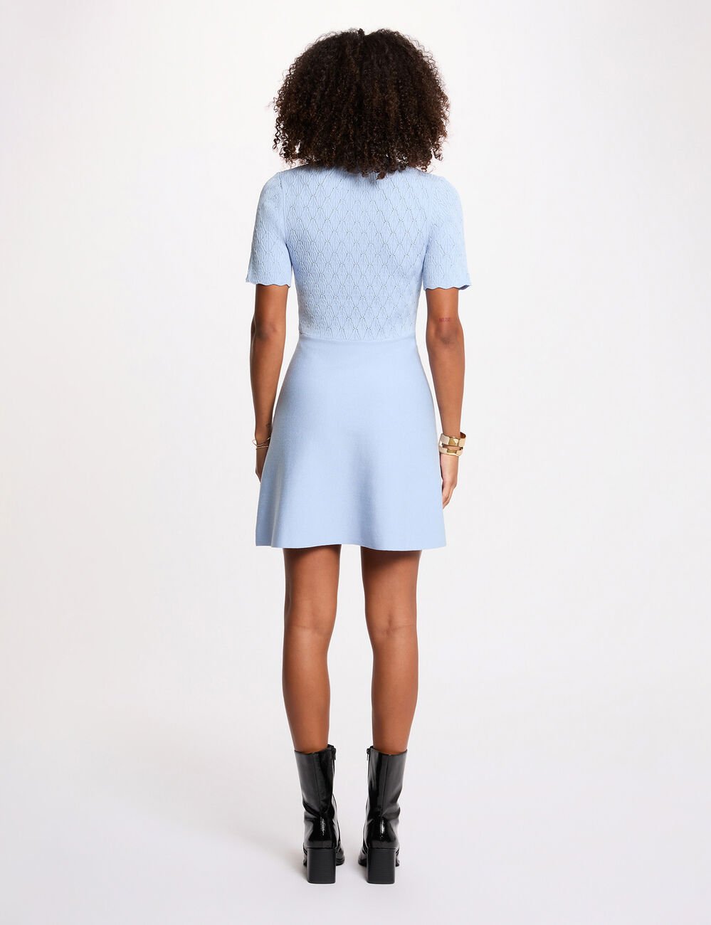 Robe tricot courte col rond bleu ciel femme