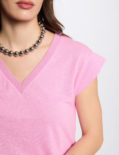 Kurzarm-T-Shirt und V-Kragen rosa damen