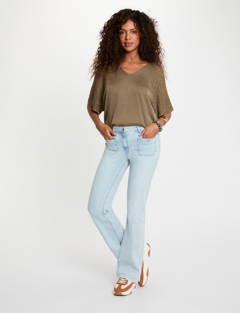 Pull oversize col v vert kaki femme