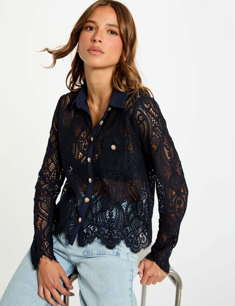 Chemise courte dentelle bleu marine femme