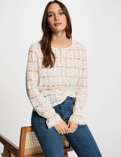 Langarm-T-Shirt elfenbein damen