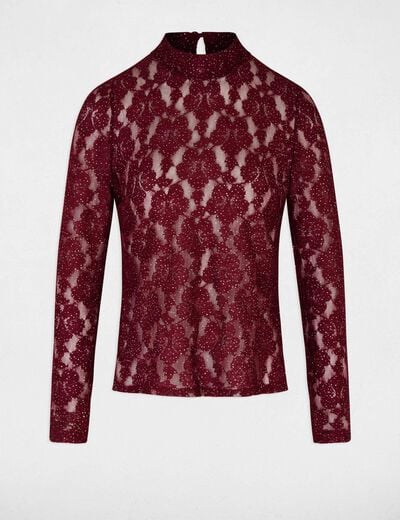 T-shirt dentelle ajour&eacute; prune femme