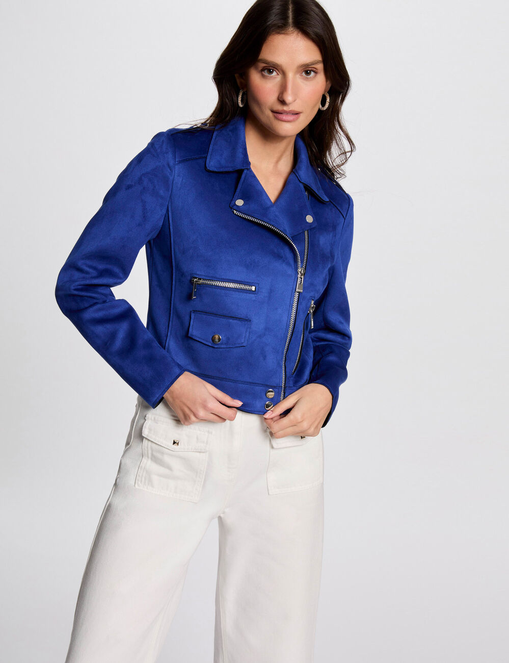 Blouson court zippé suédine bleu electrique femme