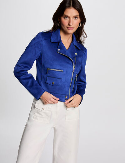 Blouson court zippé suédine bleu electrique femme