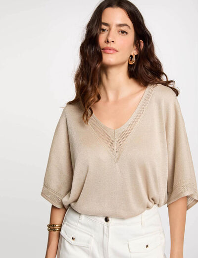 Kurzarm-Pullover mit V-Kragen sandfarben damen