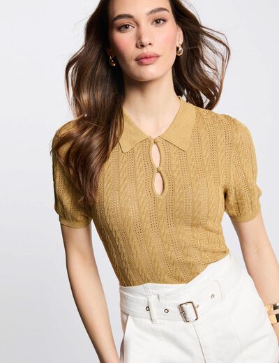 Pull col polo jaune moutarde femme