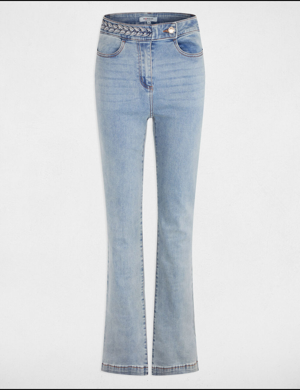 Jeans droit avec d&eacute;tails tress&eacute;s denim bleach femme