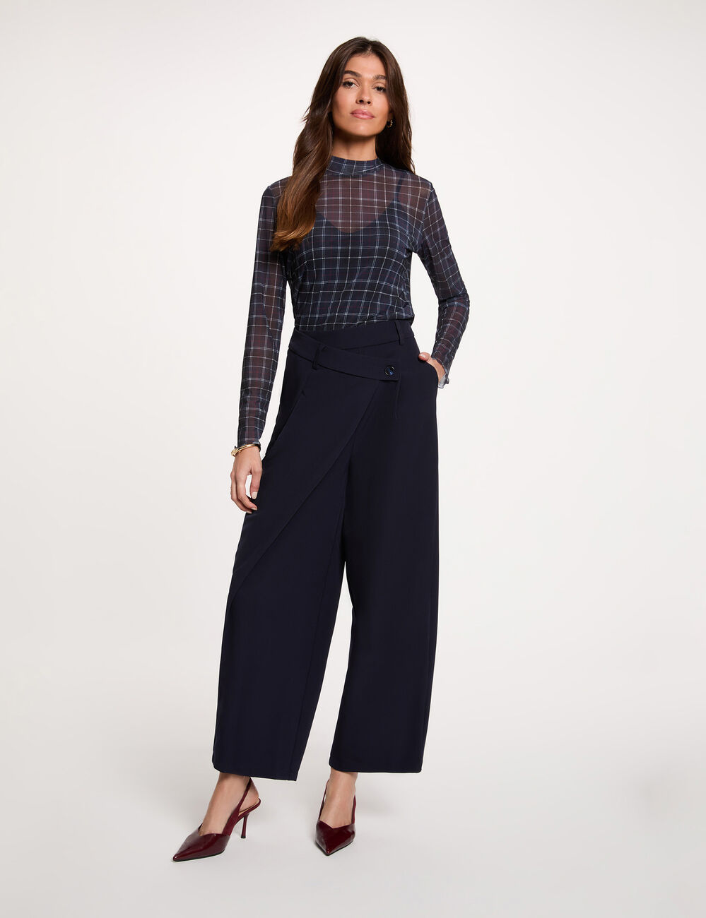 Weit geschnittene hochgeschnittene Hose marineblau damen
