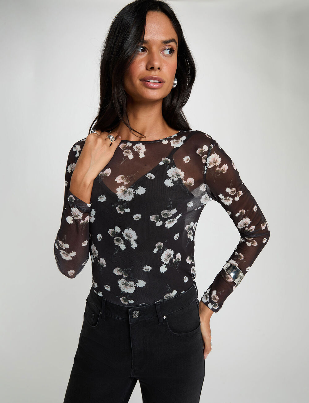 Langarm-T-Shirt aus Netzstoff mehrfarbig damen