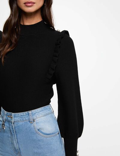 Pull manches longues avec volants noir femme