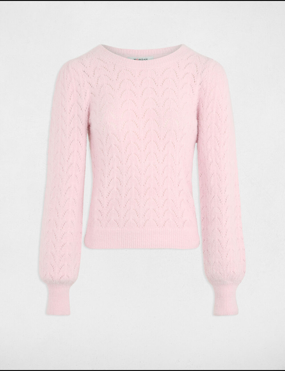 Pull col rond ajouré rose pastel femme