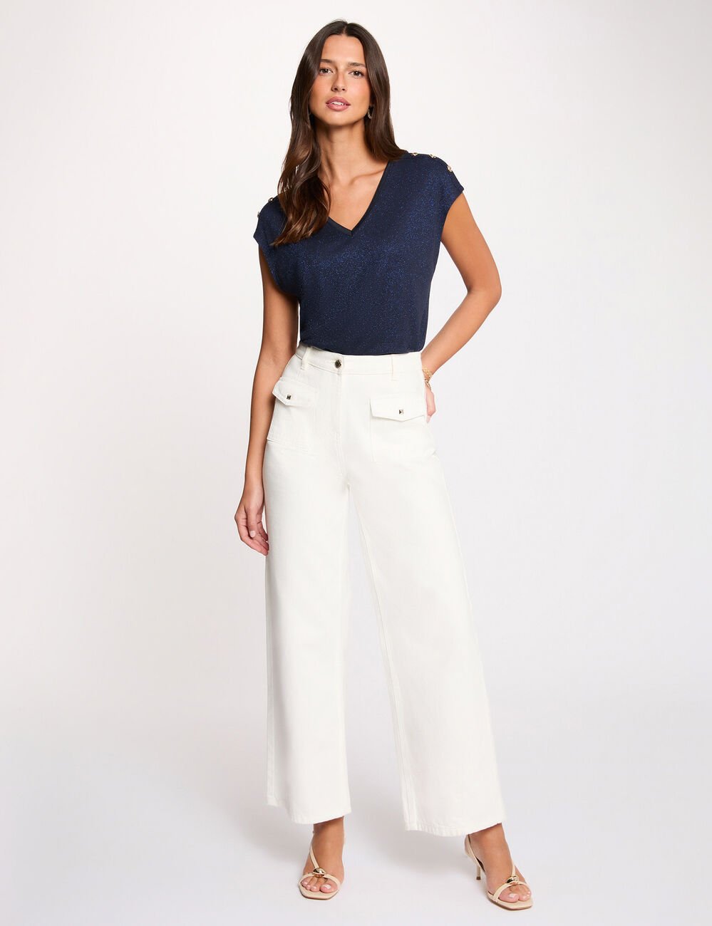 T-shirt col v boutons bleu marine femme