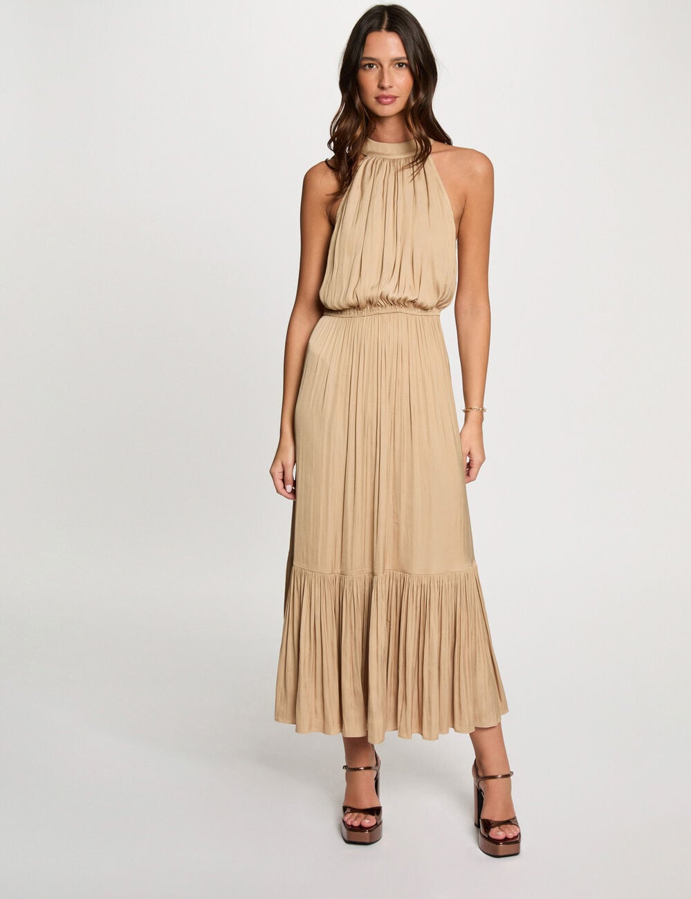 Langes Kleid mit Stehkragen beige damen