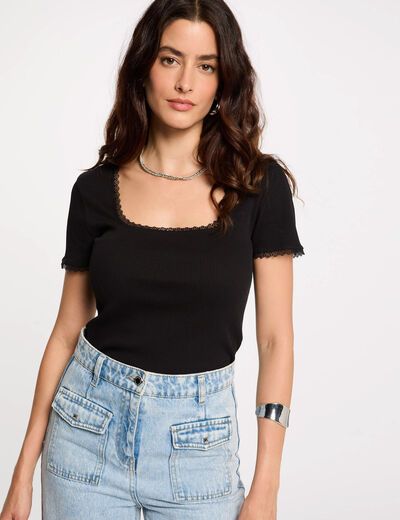 Geripptes Kurzarm-T-Shirt schwarz damen