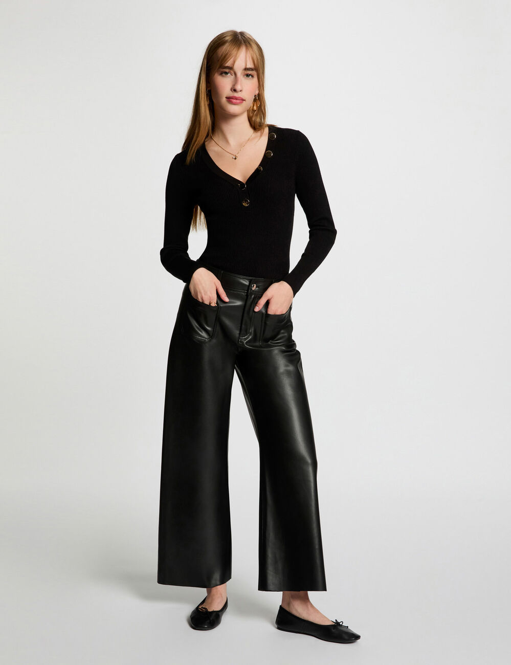 Langarmpullover aus feinem Strick mit Knöpfen schwarz damen