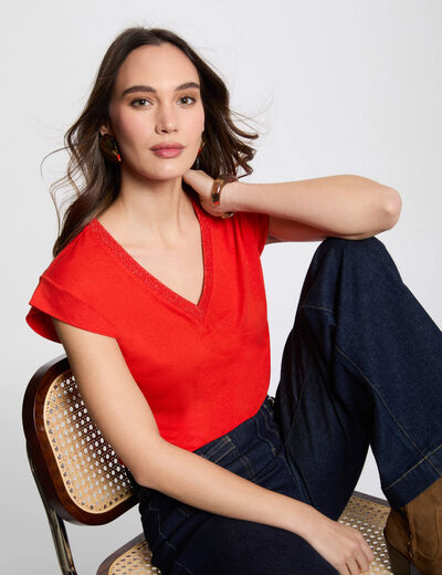 Kurzarm-T-Shirt und V-Kragen orange damen