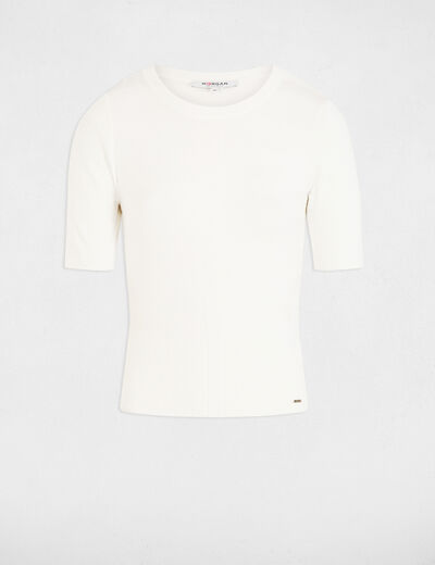 Pull col rond manches courtes ivoire femme