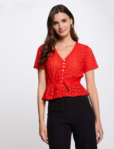 T-shirt manches courtes en dentelle orange femme