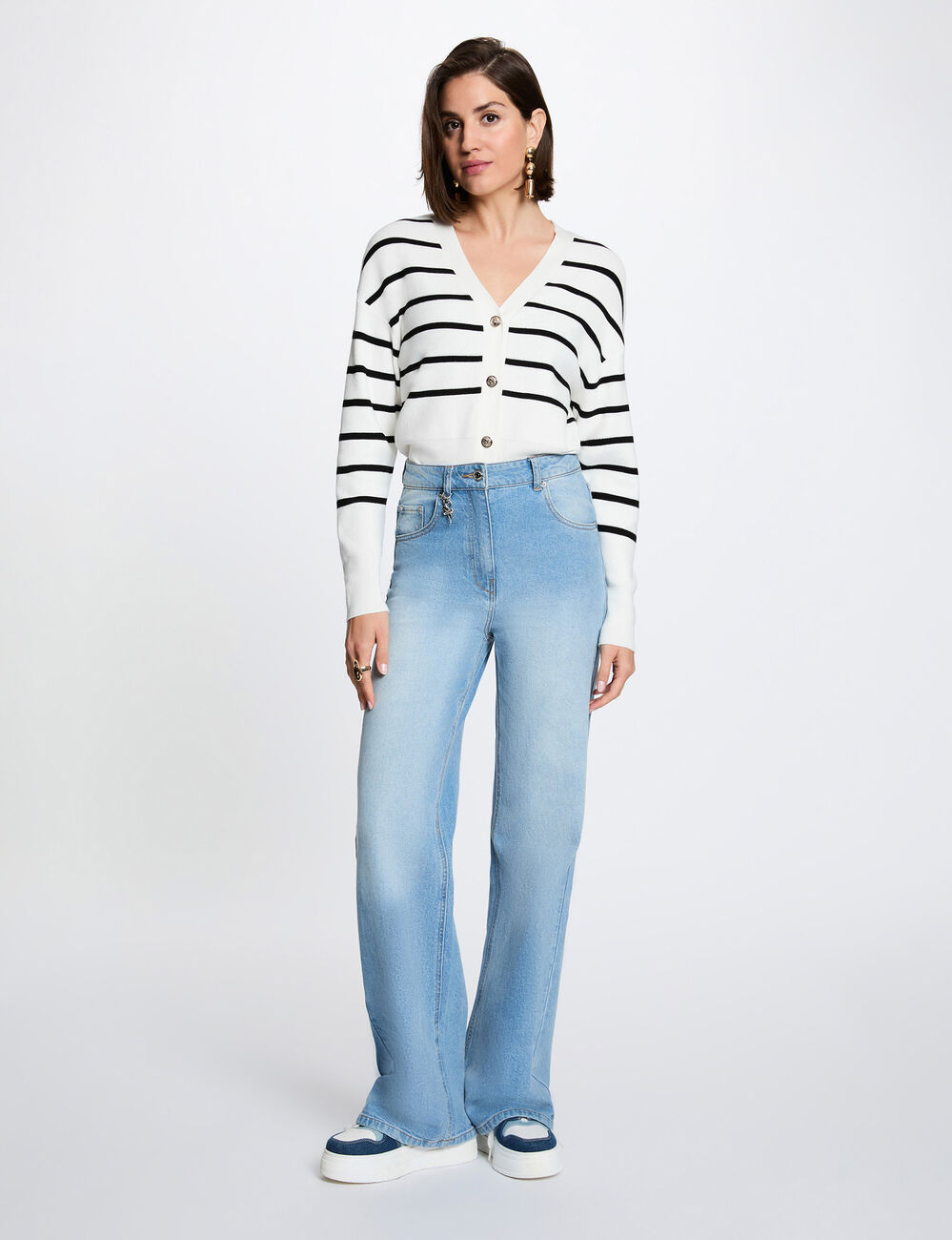 Gestreifter V-Ausschnitt-Pullover weiss damen
