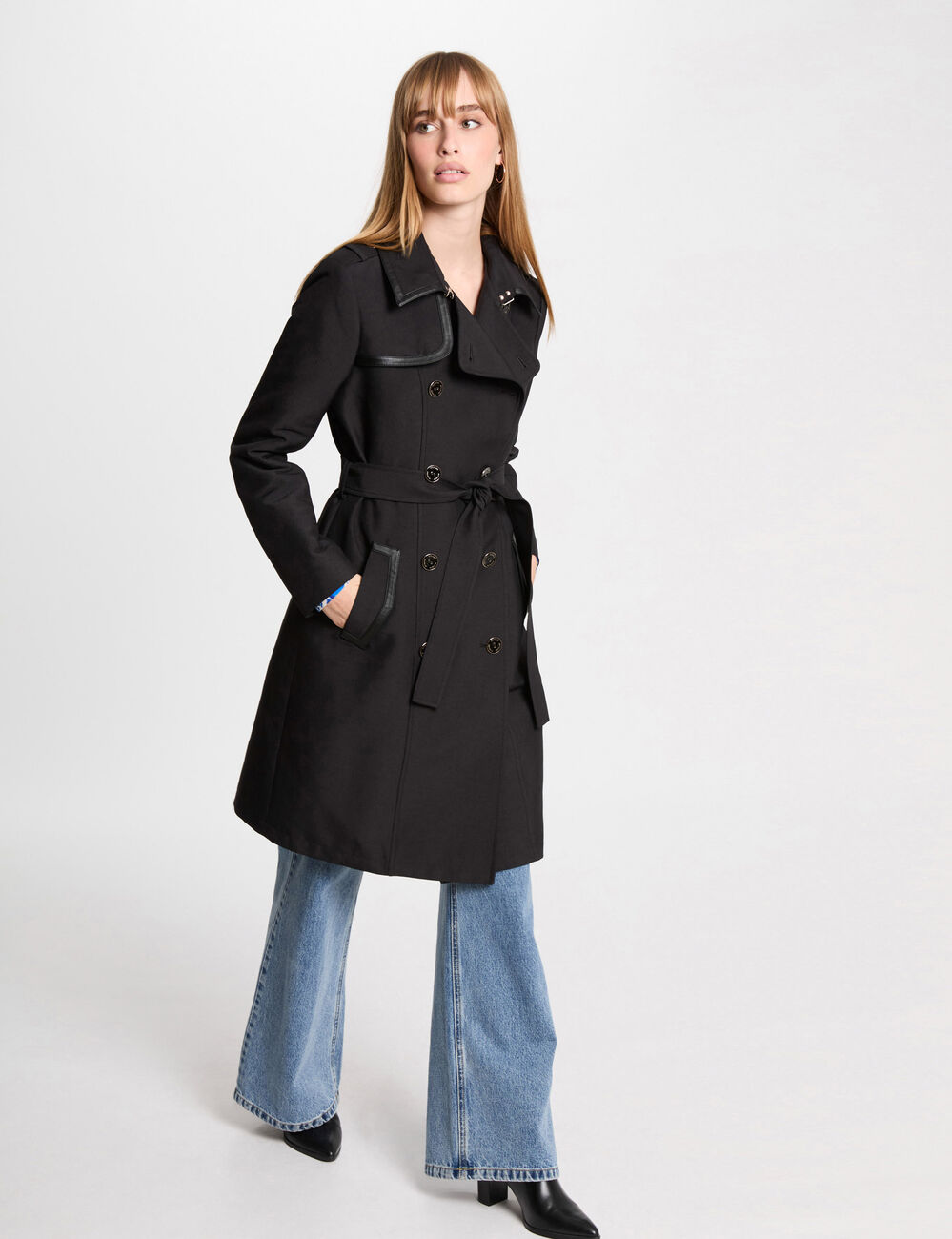 Langer Trenchcoat mit Gürtel schwarz damen