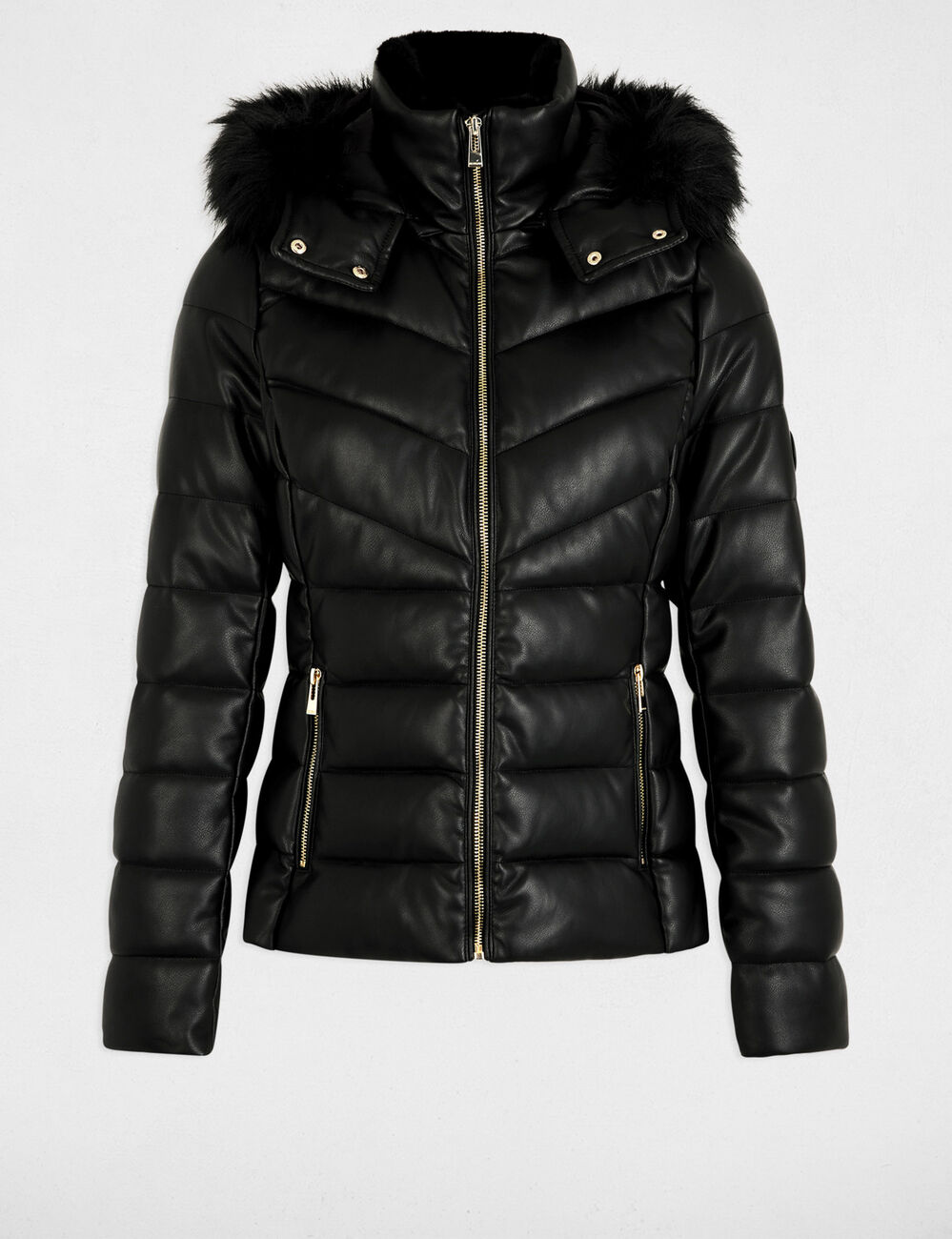 Doudoune simili cuir capuche noir femme