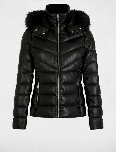 Doudoune simili cuir capuche noir femme