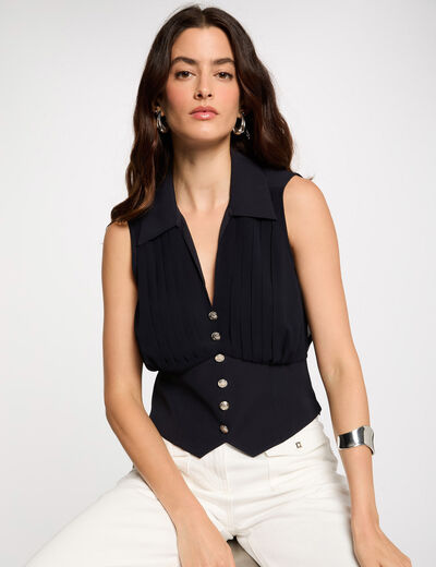 Top plissé sans manches bleu marine femme