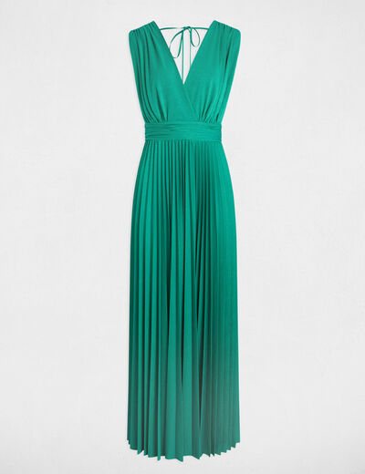 Robe longue droite plissée vert émeraude femme