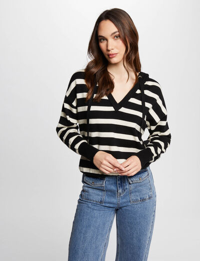 Pullover mit V-Kragen und Kapuze schwarz damen