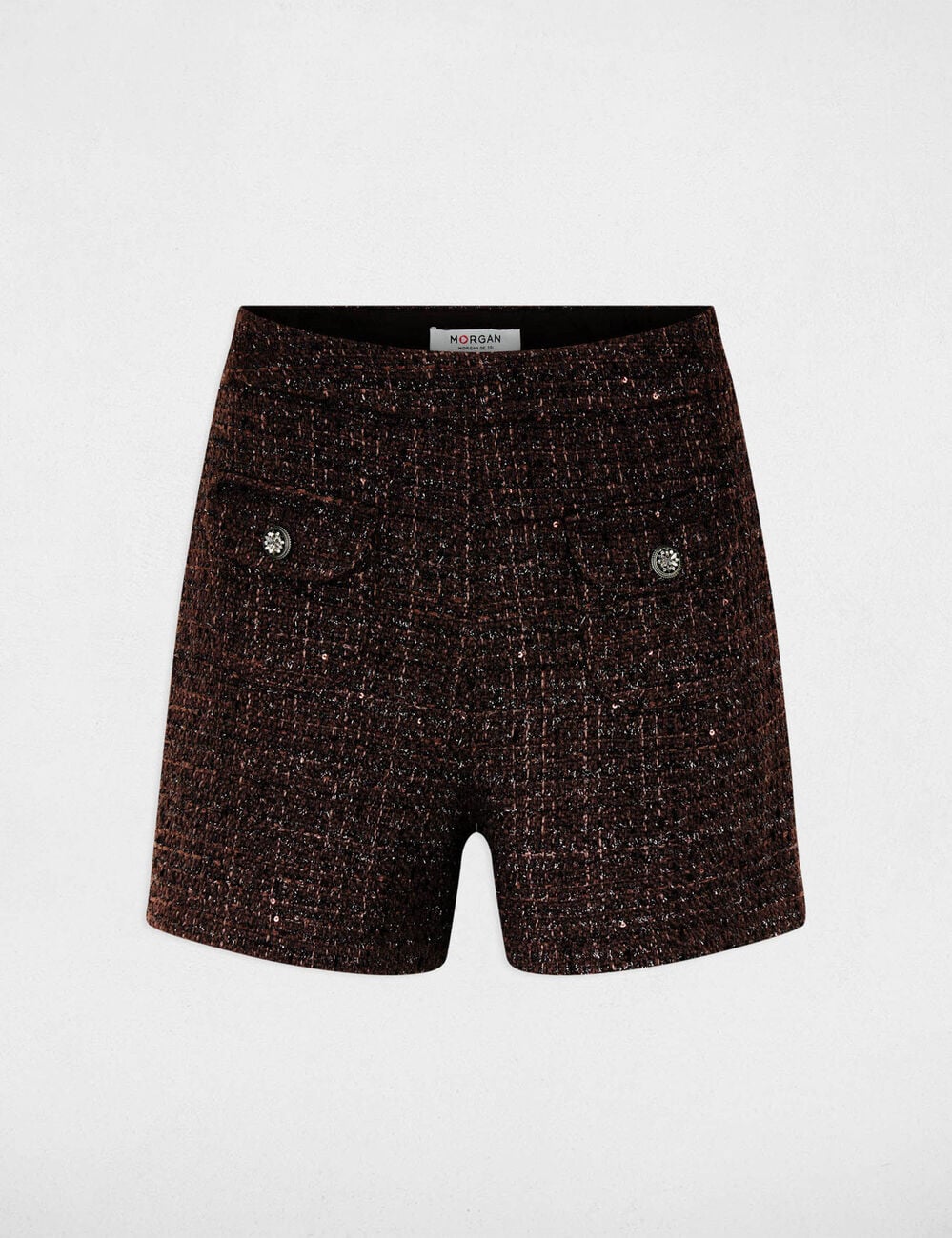 Short tweed taille haute marron fonc&eacute; femme