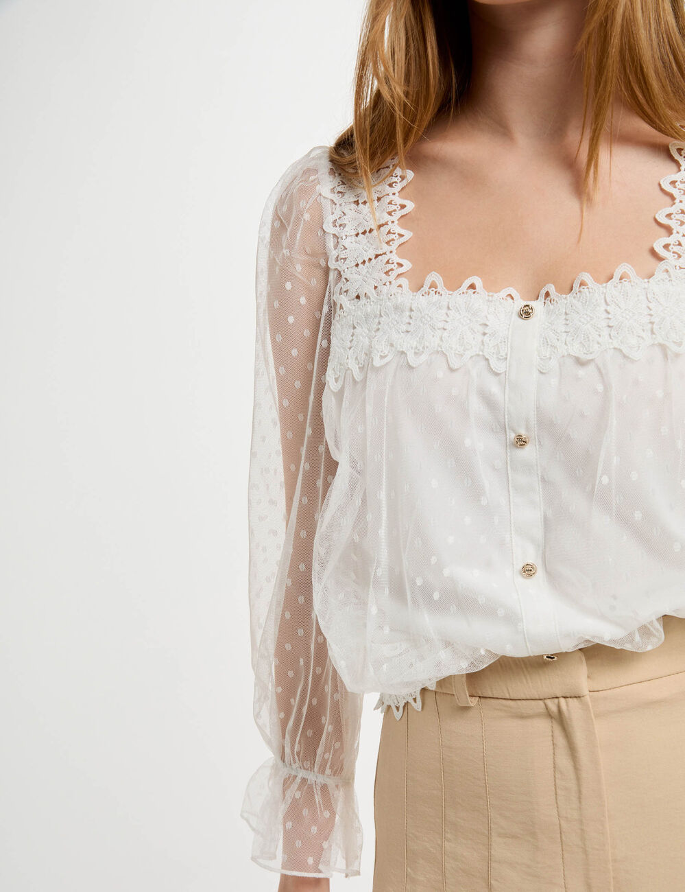T-shirt mit 3/4-Ärmeln und Tüpfelmuster weiss damen