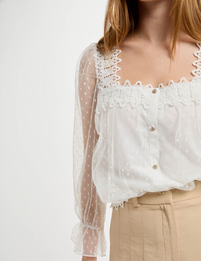 T-shirt mit 3/4-Ärmeln und Tüpfelmuster weiss damen