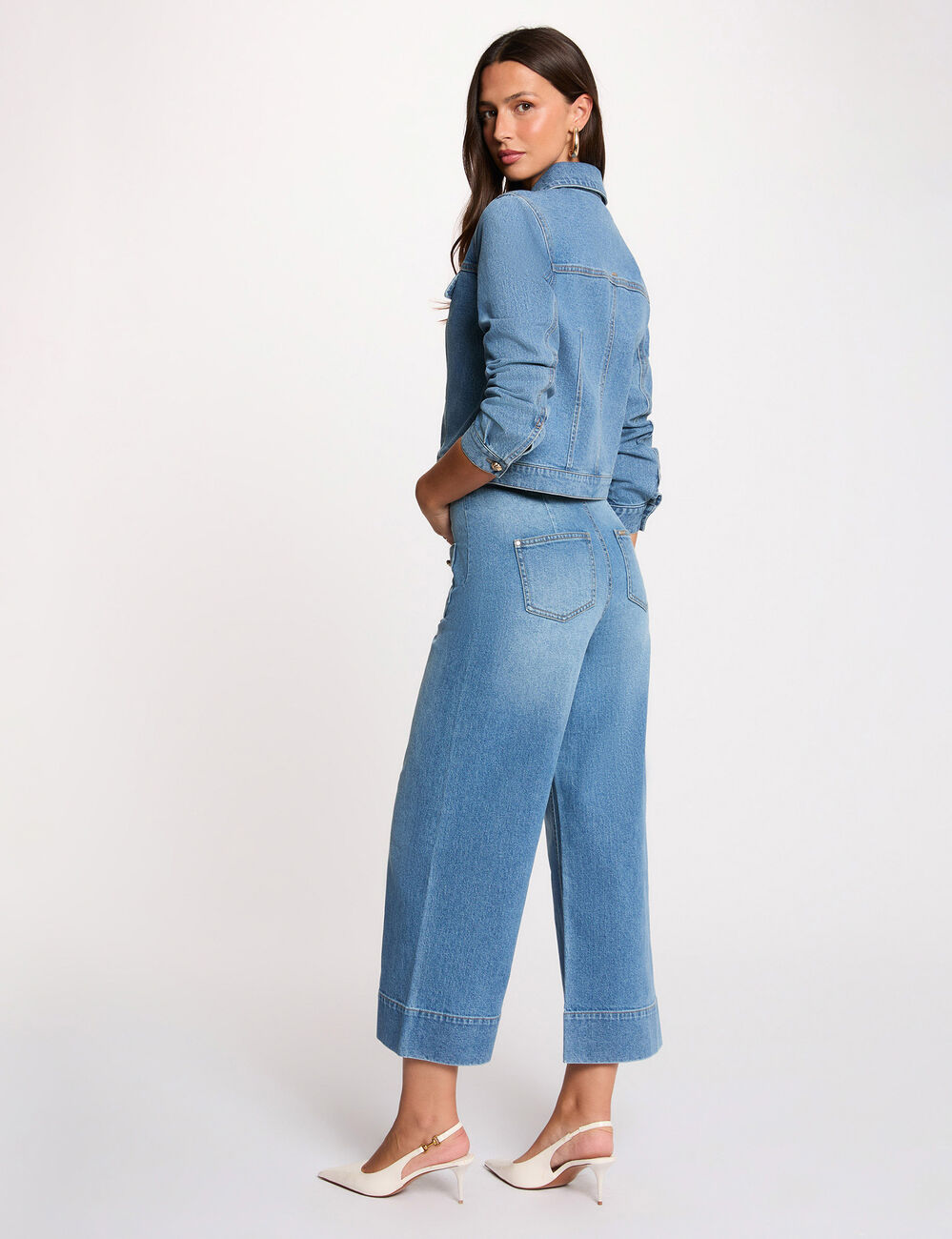 Weite hochgeschnittene Hose stone denim damen