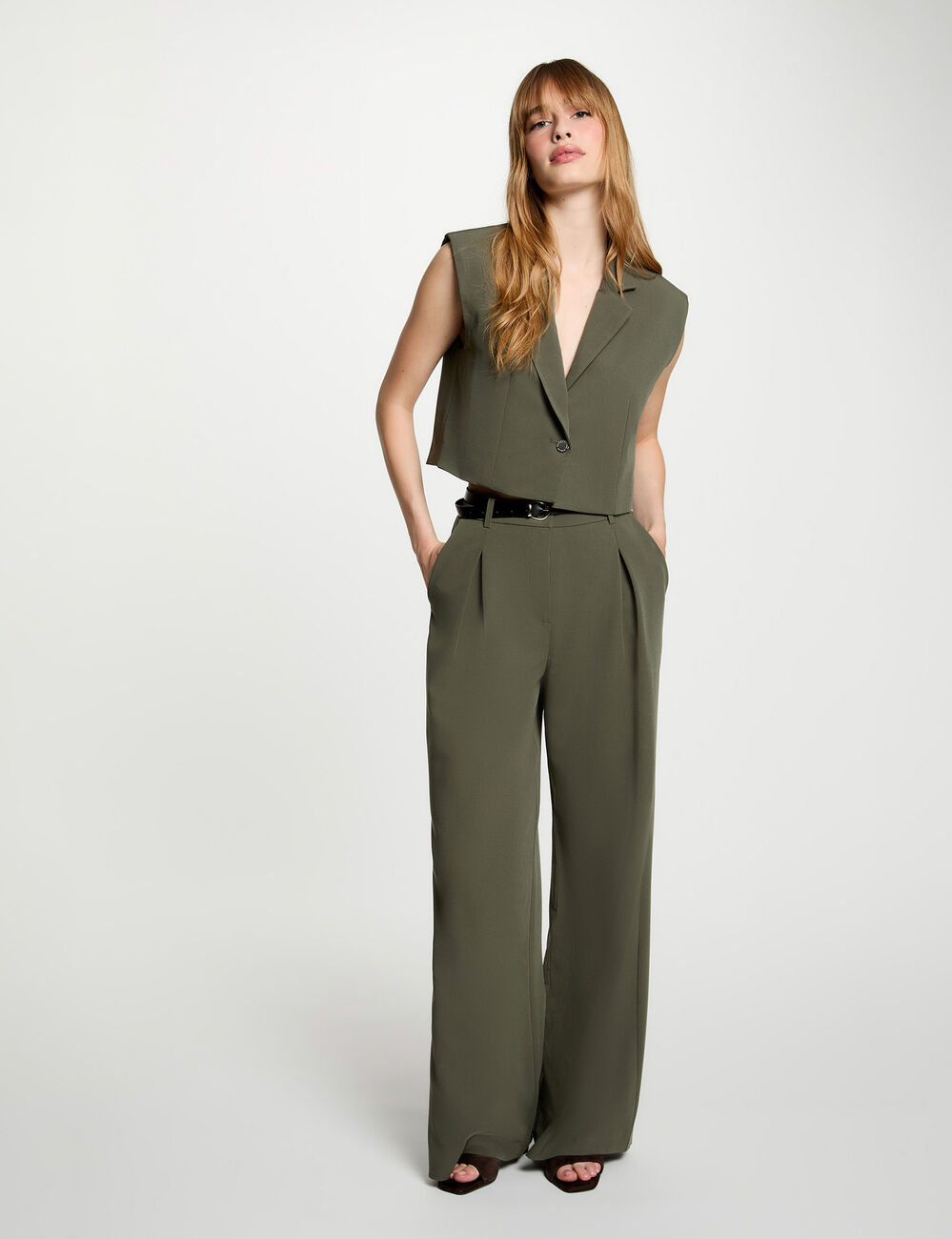 Pantalon large taille haute vert kaki femme
