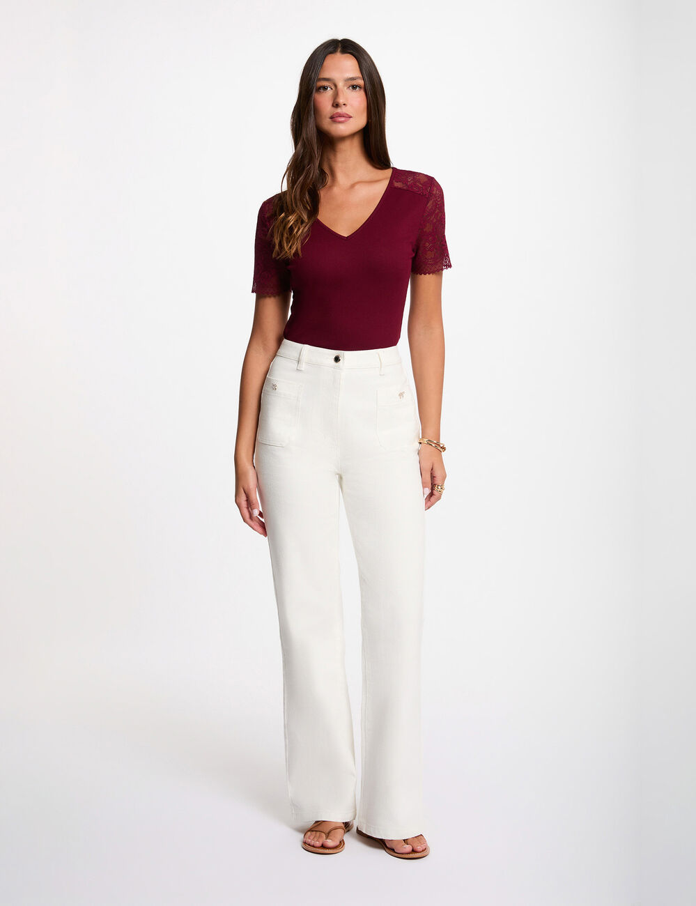 T-shirt dentelle col v bordeaux femme