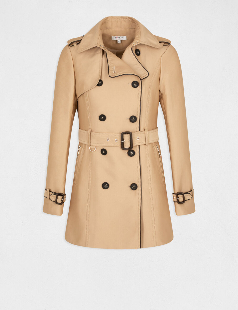 Trench droit boutonn&eacute; et ceintur&eacute; beige femme