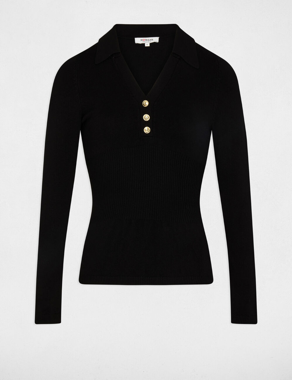 Pull ajusté col polo noir femme