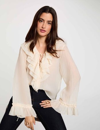 Plissierte V-Ausschnitt-Bluse elfenbein damen